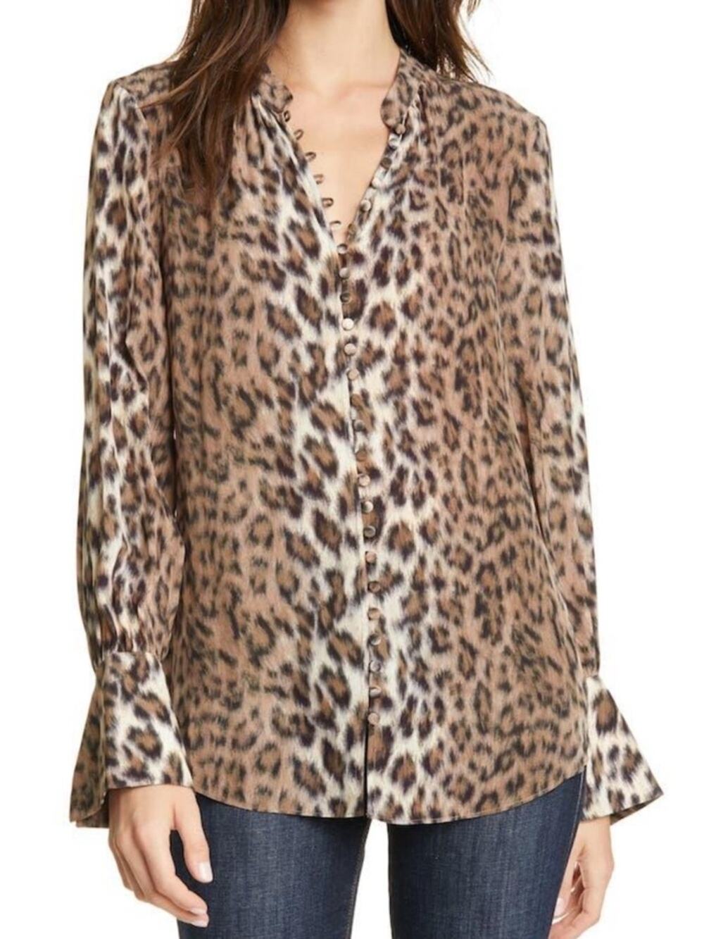 Joie 100% Silk Leopard Print Button Front Blouse XS Flowy Cuff Sleeve